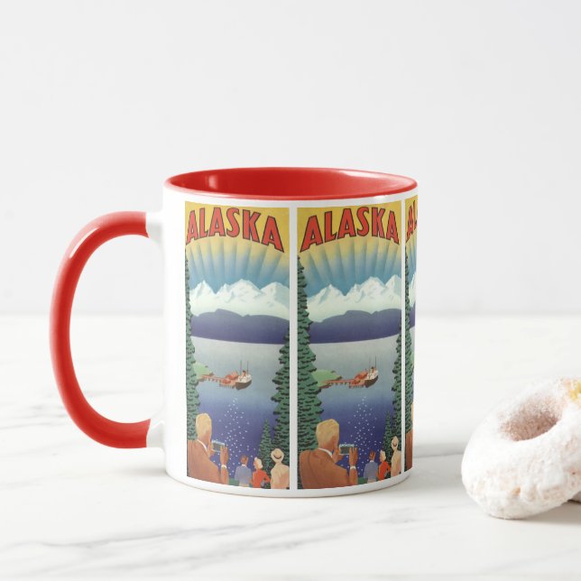 Vintage Alaska Travel Poster Art, Scenic Landscape Mug (With Donut)
