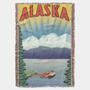 Vintage Alaska Travel Poster Art, Scenic Landscape Throw Blanket