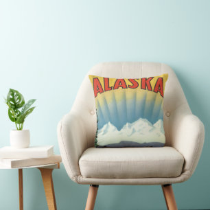Vintage Alaska Travel Poster Art, Scenic Landscape Throw Pillow