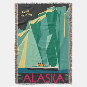 Vintage Alaska Travel Poster Art, Taku Glacier Throw Blanket