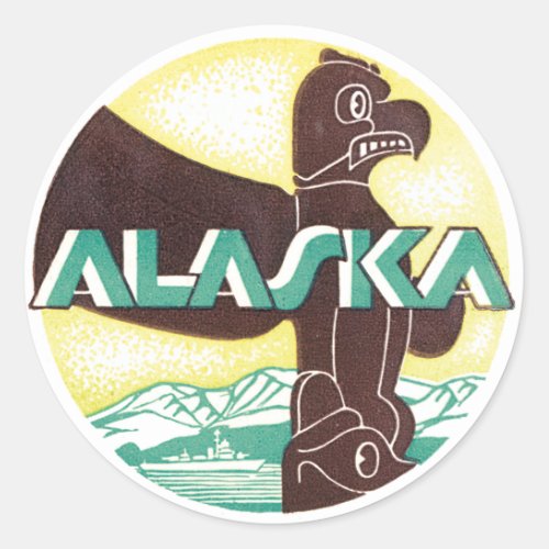 Vintage Alaska Travel Totem Pole Eagle Bird Classic Round Sticker
