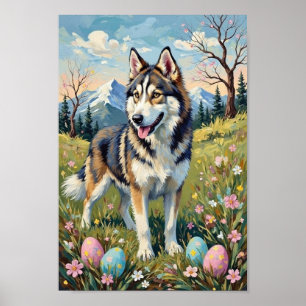 Vintage Alaskan Malamute Easter Spring Art Poster