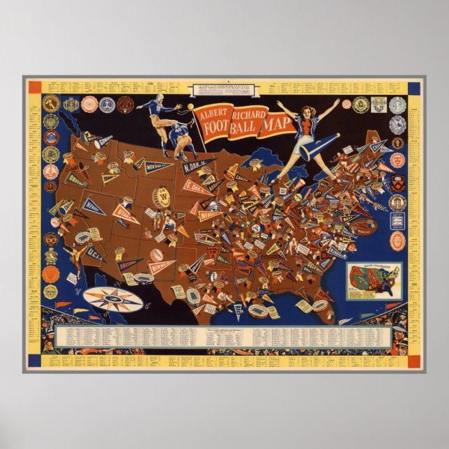 Vintage Albert Richard College Football Map Poster (Front)