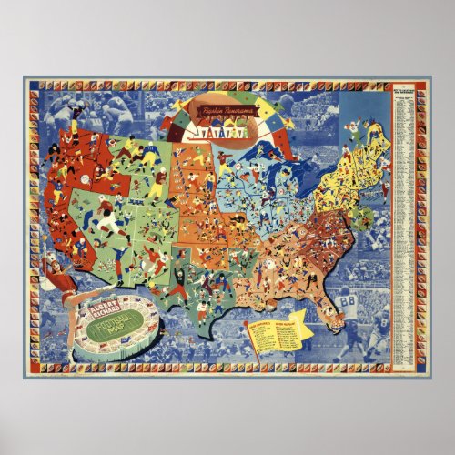 Vintage Albert Richard College Football Map Poster