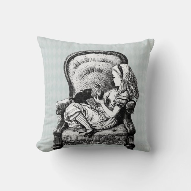 Vintage Alice in a Chair With a Cat Throw Pillow (Front)