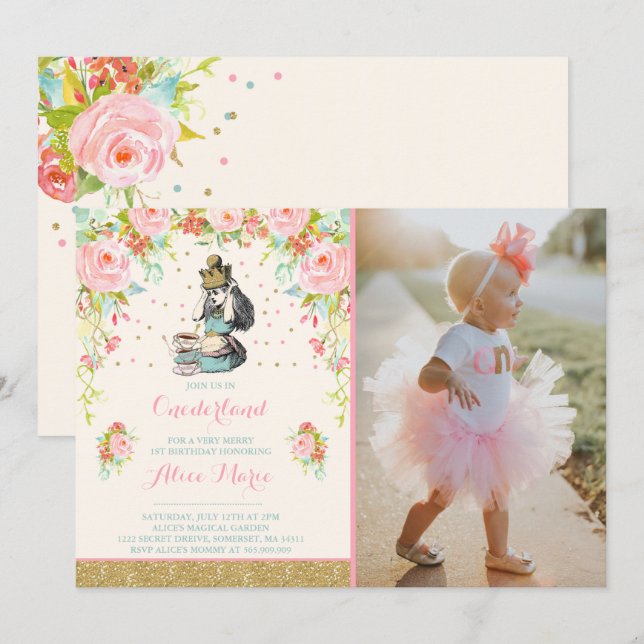 Vintage Alice In ONEderland Birthday Invitation (Front/Back)