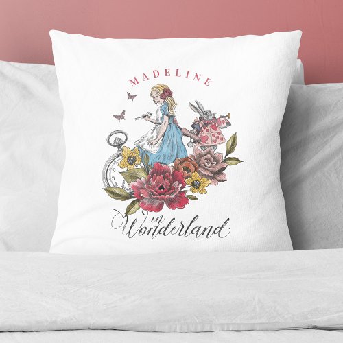 Vintage Alice in Wonderland Alice  Rabbit Floral Throw Pillow