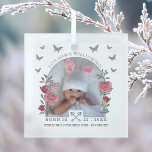 Vintage Alice In Wonderland Birth Announcement Glass Ornament<br><div class="desc">Beautifully designed vintage Alice in Wonderland-themed birth announcement glass ornament. We've meticulously restored the iconic Alice in Wonderland vintage white rabbit & Alice illustration by hand sketching and bringing it to life with beautiful watercolor undertones. Features our hand-drawn watercolor and sketch-style rose blossom photo frame arrangement for you to add...</div>