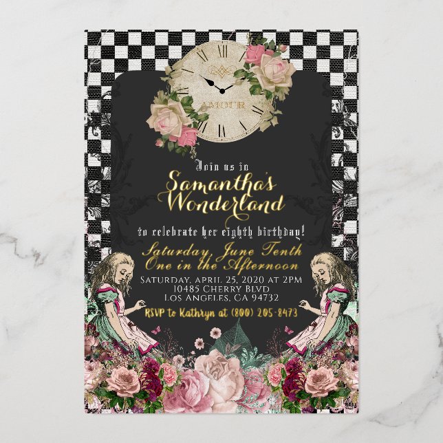Vintage Alice in Wonderland Birthday Foil Invitation (Front)