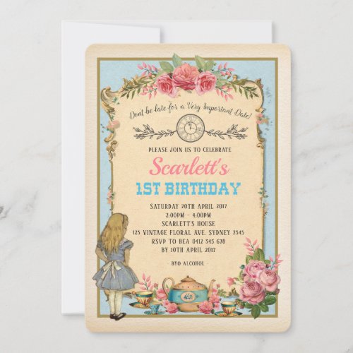 Vintage Alice in Wonderland Birthday Tea Party Invitation