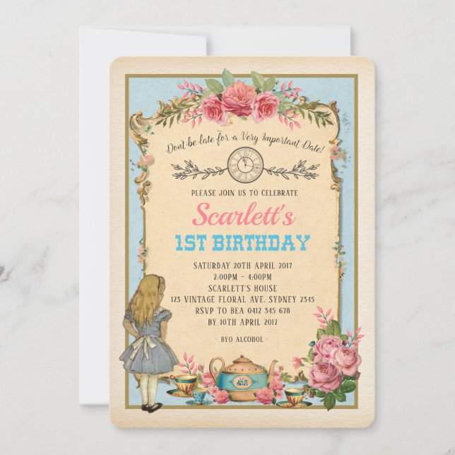 Vintage Alice in Wonderland Birthday Tea Party Invitation (Front)