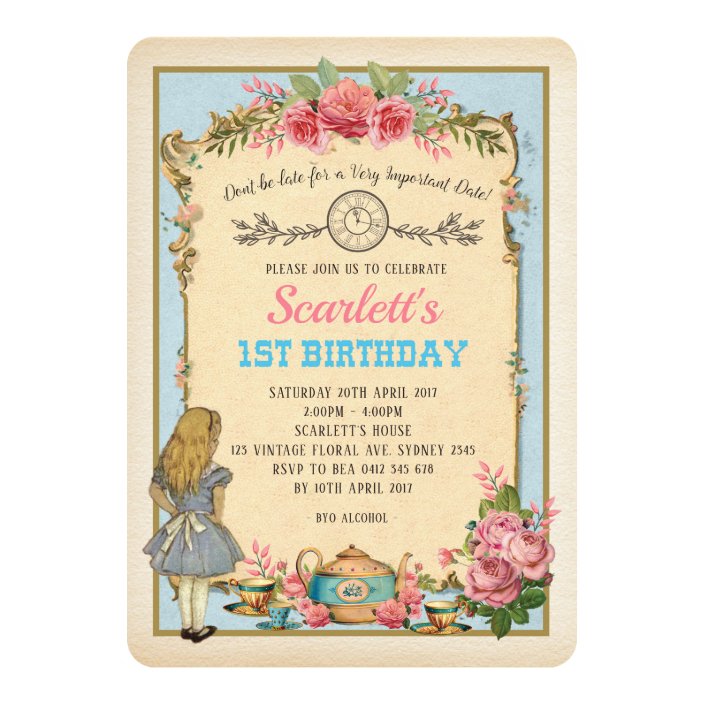 Vintage Alice In Wonderland Birthday Tea Party Invitation Zazzle Com