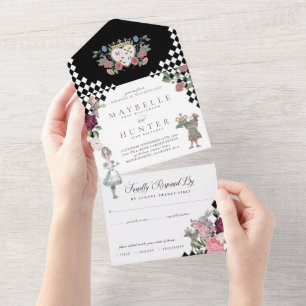 Vintage Alice in Wonderland Black Checkerboard All In One Invitation