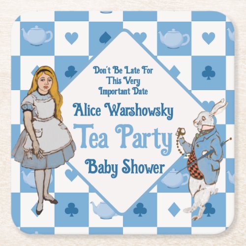Vintage Alice in wonderland blue boy baby shower Square Paper Coaster