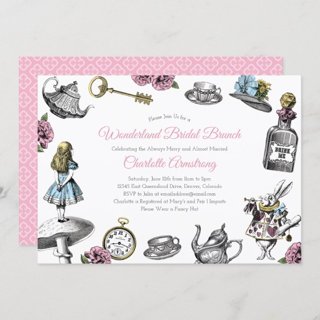Vintage Alice in Wonderland Bridal Brunch Invitation (Front/Back)