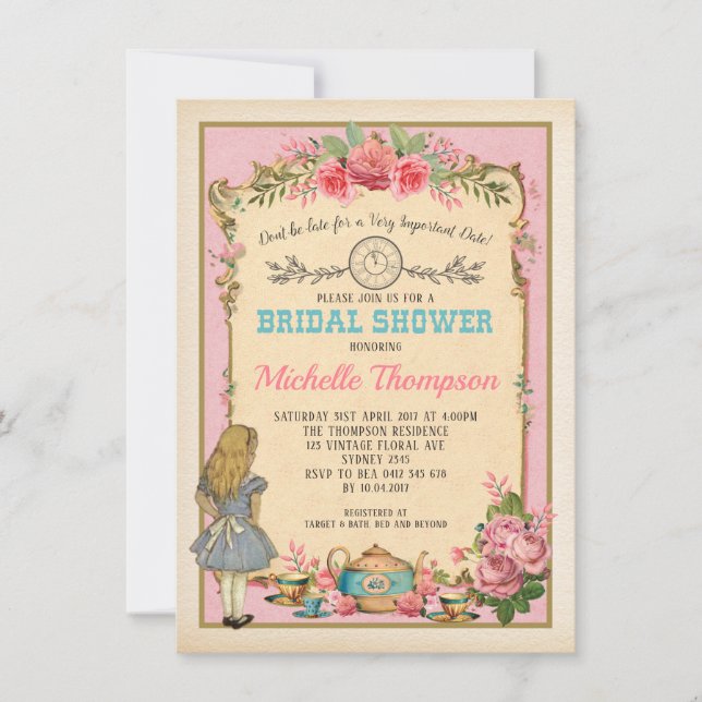 Vintage Alice in Wonderland Bridal Shower Tea Invitation (Front)