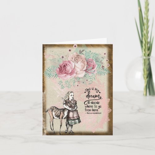 Vintage Alice in Wonderland Floral Roses Deer Hug  Note Card