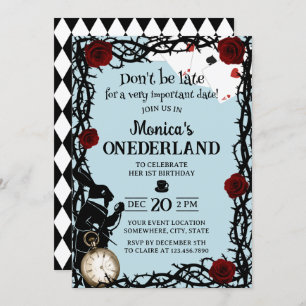 Vintage Alice in Wonderland Girl 1st Birthday Blue Invitation
