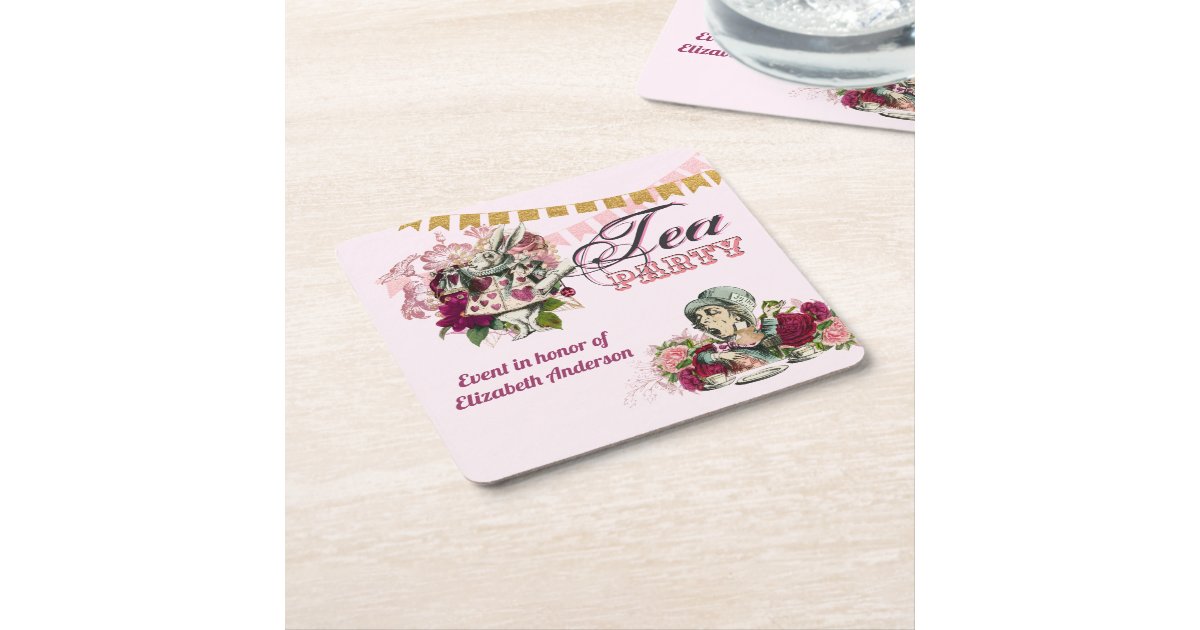 Vintage Alice in Wonderland Tea Party Custom Party Square Paper Coaster ...