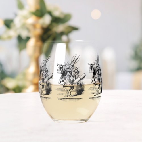 Vintage Alice in Wonderland White Rabbit as Herald Stemless Wine Glass
