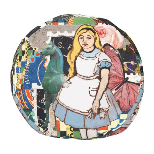 Vintage Alice in Wonderland White Rabbit Collage Pouf