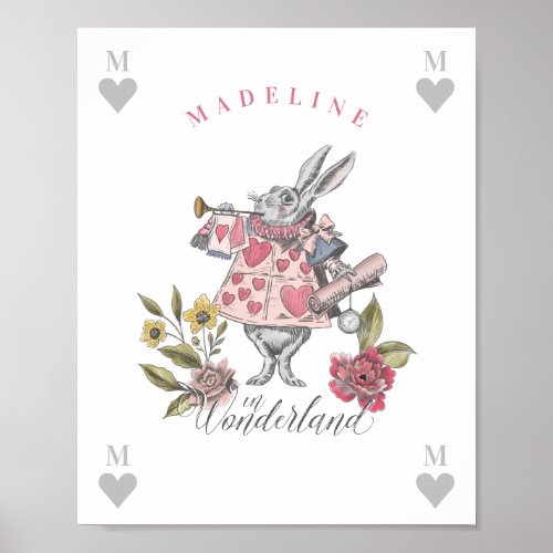 Vintage Alice in Wonderland  White Rabbit Florals Poster