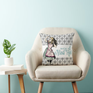 Vintage Alice Mad Here Throw Pillow