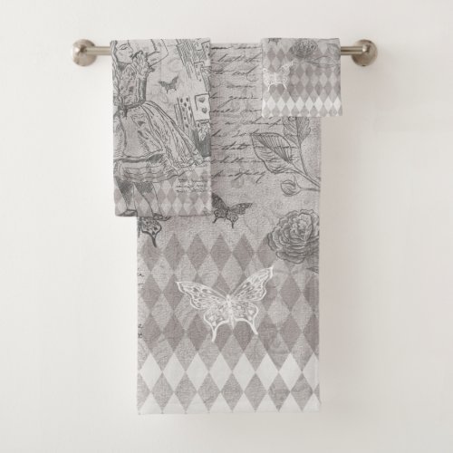 Vintage Alice Wonderland Decoupage Grey Bath Towel Set