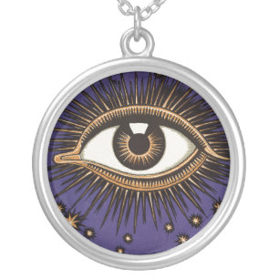 Vintage All Seeing Eye Mystic Celestial Art Silver Plated Necklace