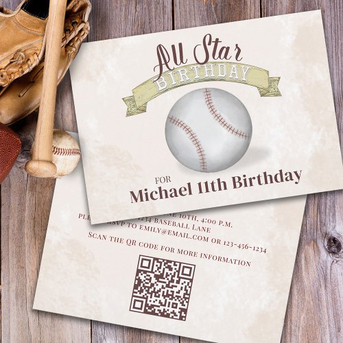 Vintage All Star Baseball Birthday Simple QR Code Invitation