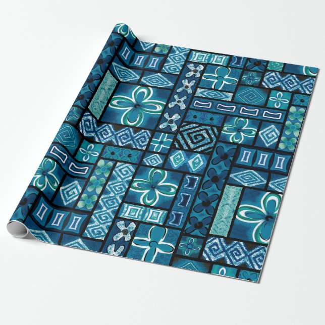 Vintage Aloha Gift Wrap | Pua Blue (Unrolled)