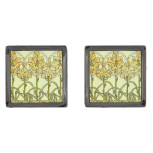 Vintage Alphonse Mucha Art Nouveau Lily Pattern Cufflinks