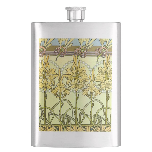 Vintage Alphonse Mucha Art Nouveau Lily Pattern Flask (Front)