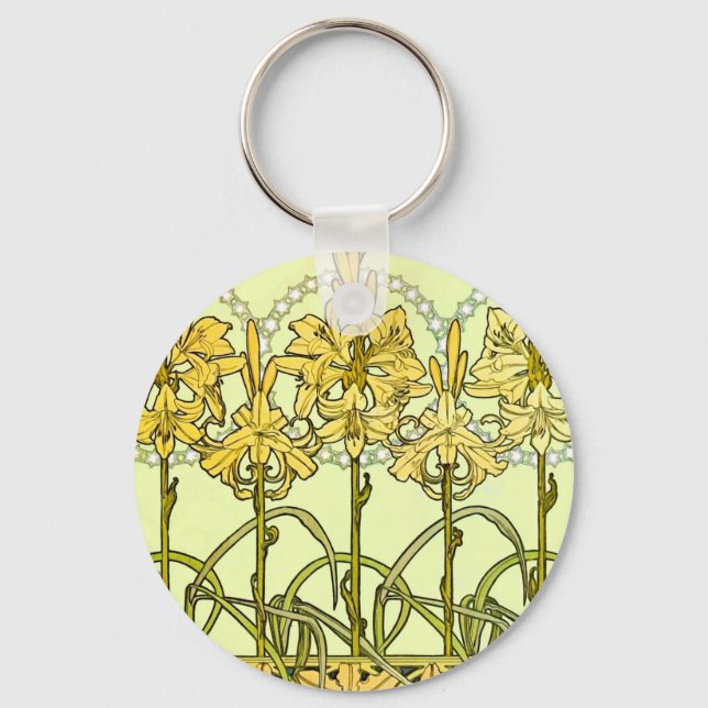 Vintage Alphonse Mucha Art Nouveau Lily Pattern Keychain (Front)