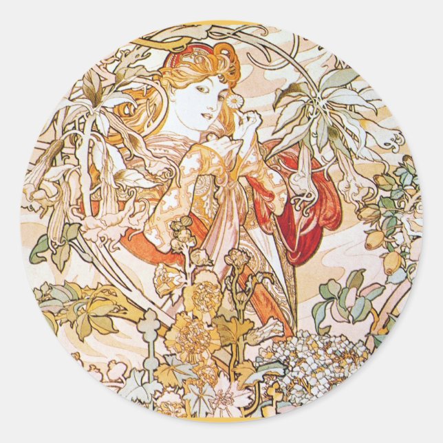 Vintage alphonse mucha goddess classic round sticker (Front)