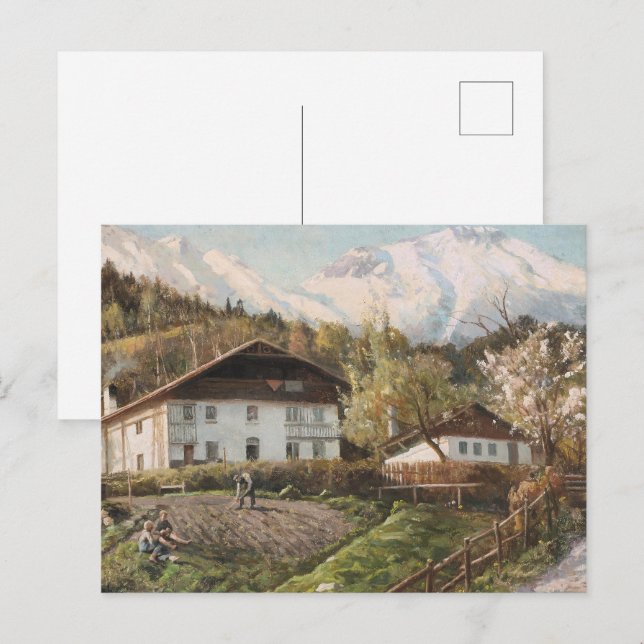 Vintage Alpine Farmhouse Spring Landscape Postcard (Front/Back)