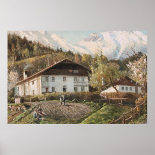 Vintage Alpine Farmhouse Spring Landscape Poster
