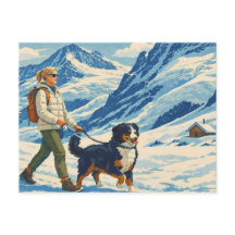 Vintage Alpine Mountain Hiking with Dog Postcard