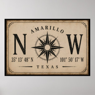 Vintage Amarillo Texas Coordinates Compass Poster