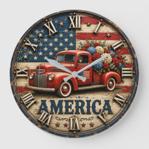 Vintage America Rustic USA Flag Pickup Truck Farm Large Clock