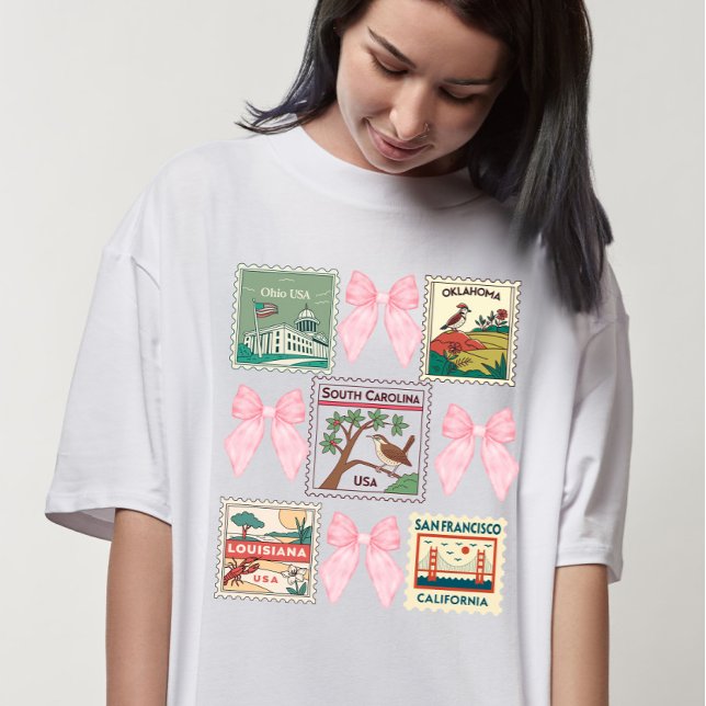 Vintage America States Coquette Stamp Collection T-Shirt (Creator Uploaded)