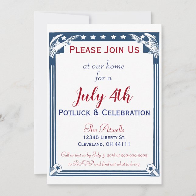 Vintage American Blue Stars Eagle July 4th Potluck Invitation (Front)