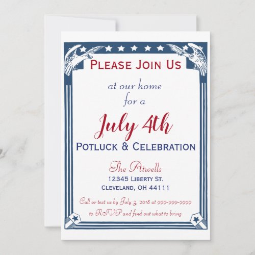 Vintage American Blue Stars Eagle July 4th Potluck Invitation