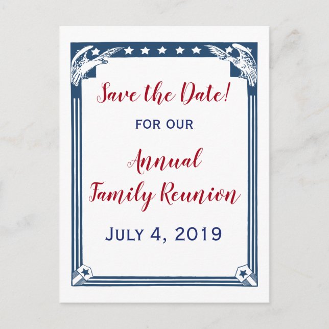 Vintage American Blue Stars Save the Date Announcement Postcard (Front)