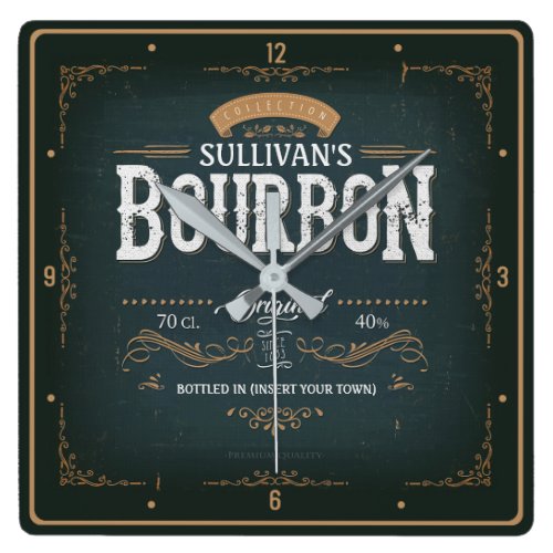 Vintage American Bourbon Personalized Whiskey Bar Square Wall Clock