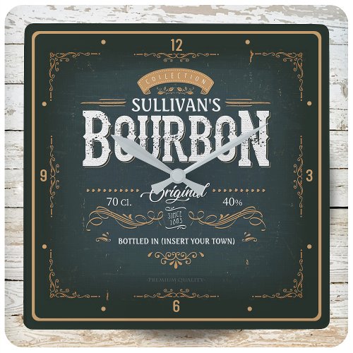 Vintage American Bourbon Personalized Whiskey Bar Square Wall Clock