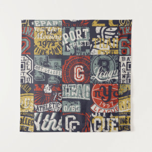 Vintage American college sporting badges patchwork Tapestry