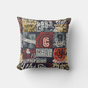 Vintage American college sporting badges patchwork Throw Pillow