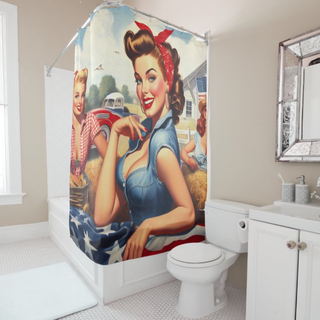 Vintage American Country Girl Shower Curtain (In Situ)