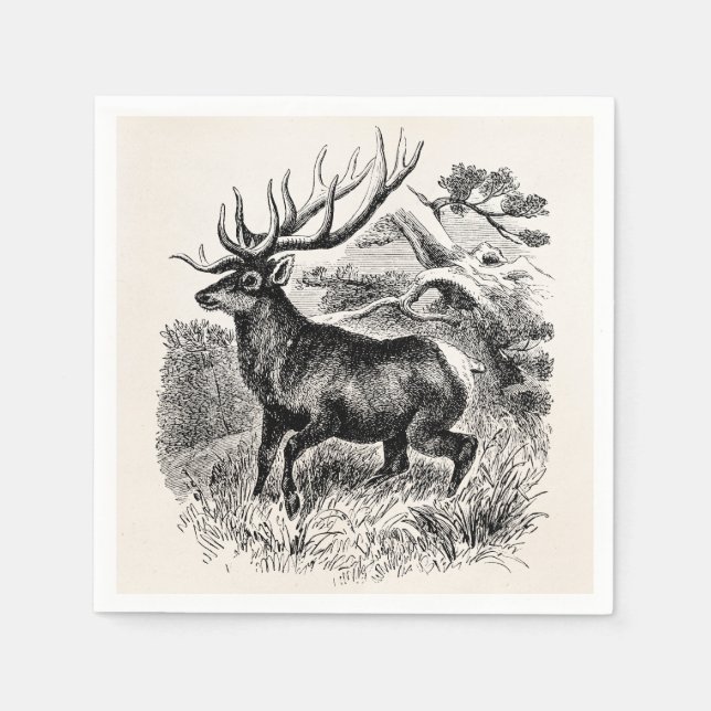 Vintage American Elk Personalized Old Illustration Paper Napkins (Front)